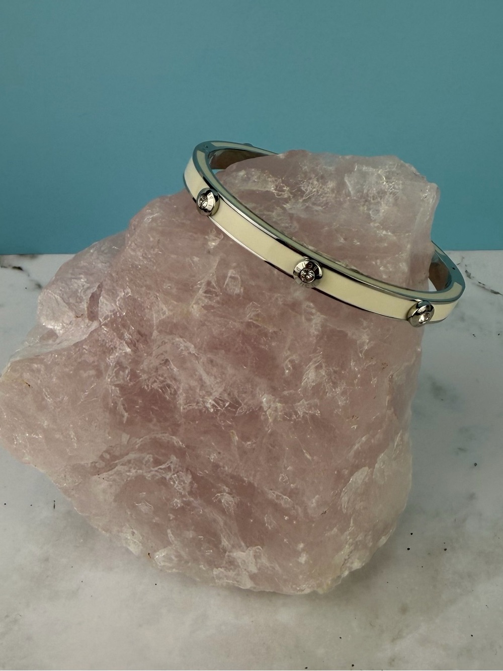 Henri Bendel Ivory Enamel Crystal Rivet Hinge Bangle Bracelet Silver Tone NWT